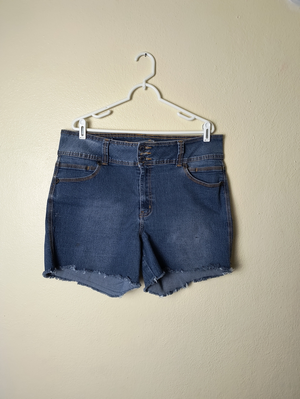 High-Rise Indigo Denim Cutoff Shorts - Triple Button Waist